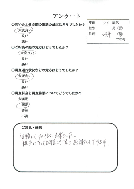 浮気調査アンケート 岐阜県 40代女性 楓女性調査事務所